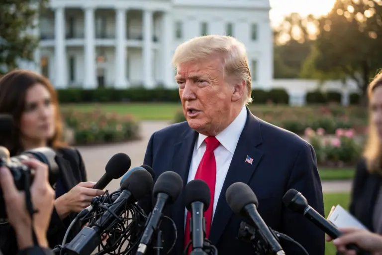 US President Donald Trump speaks to reporters outside the White House in Washington