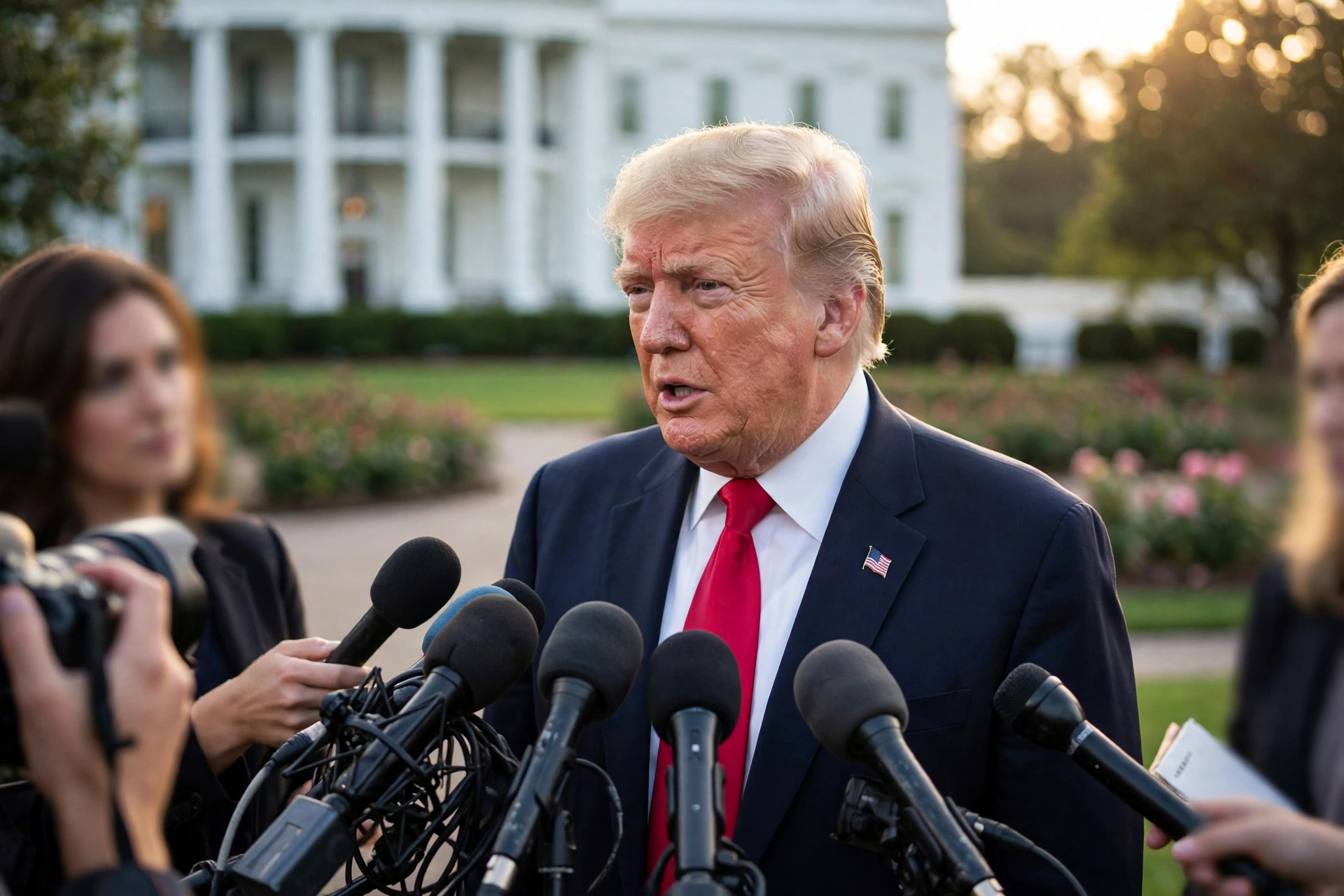 US President Donald Trump speaks to reporters outside the White House in Washington