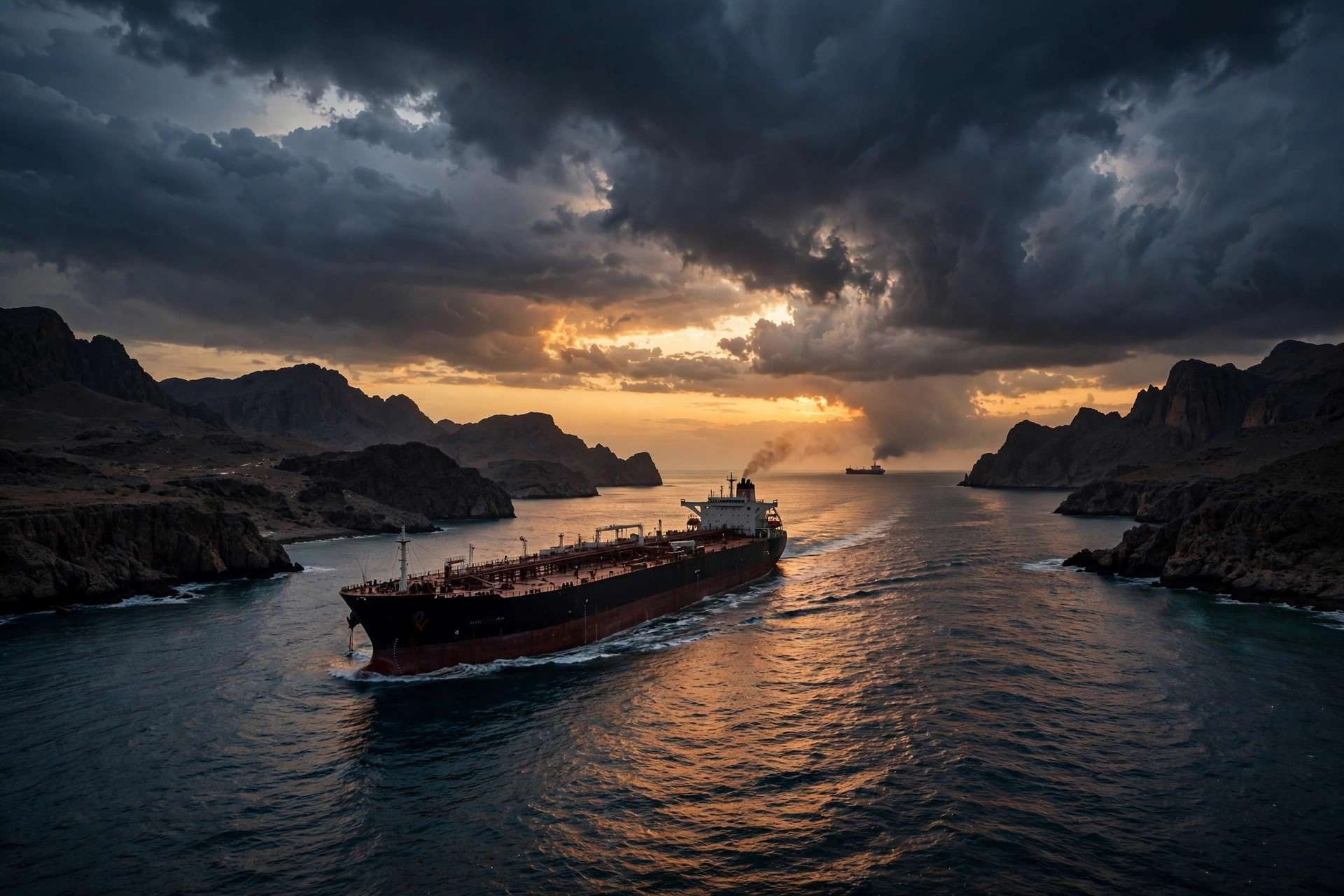 An oil supertanker transiting the Strait of Hormuz at dusk amid heightened shipping tensions