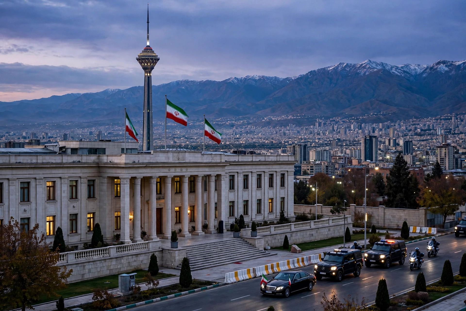 Tehran skyline at dusk with Milad Tower as Mecca Pact envoys travel to Iran for talks with Tehran