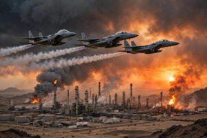 US fighter jets streaking through a smoke-filled desert sky over an oil refinery at sunset