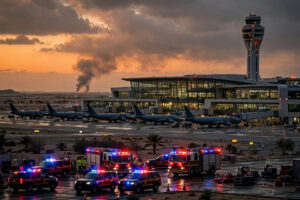 Emergency vehicles and fire trucks at a Gulf international airport terminal at dusk with smoke rising in the distance