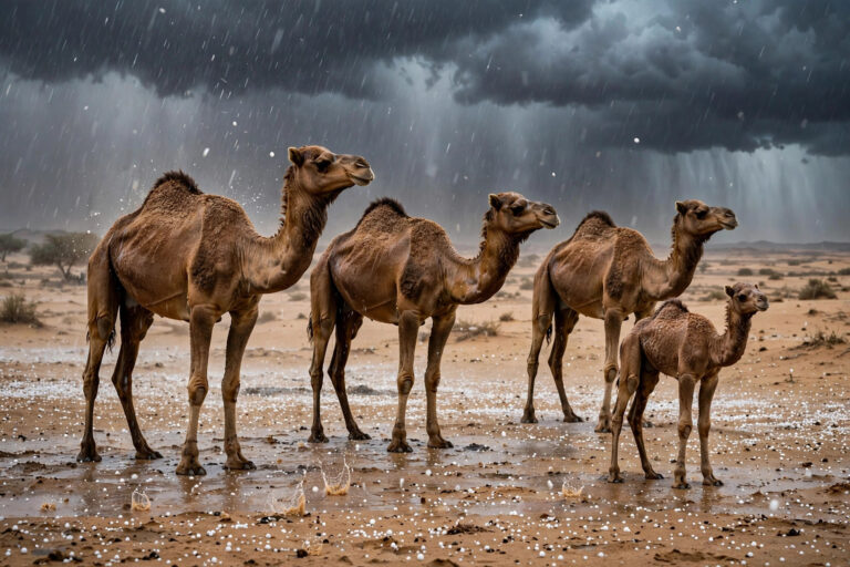 Hailstones striking desert sand around camels in Sharjah during a UAE thunderstorm, October 21 2026, dark storm clouds over a hail-covered desert