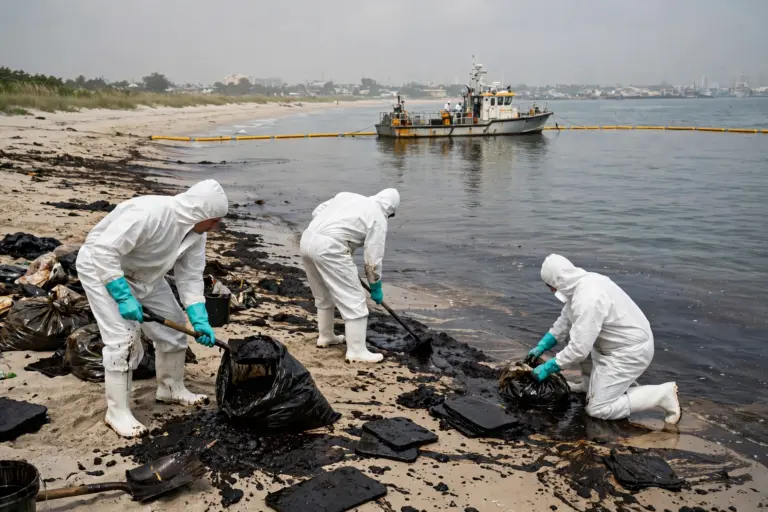 Workers in protective suits cleaning oil residue from a Gulf beach during the UAE coastal clean-up operation