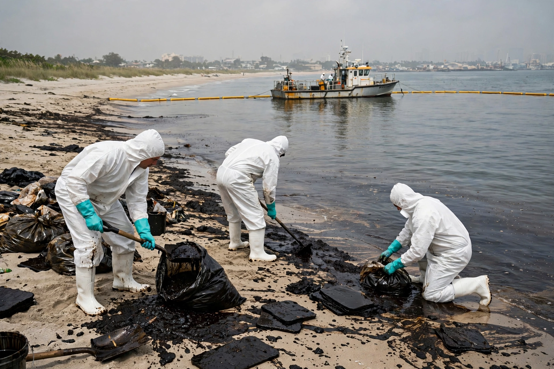 Workers in protective suits cleaning oil residue from a Gulf beach during the UAE coastal clean-up operation