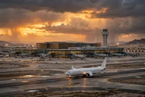 King Khalid International Airport terminal exterior at dusk with airliner on runway