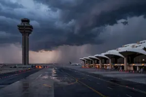 King Khalid International Airport in Riyadh under a stormy dusk sky after US Embassy security alert over missile and drone attacks