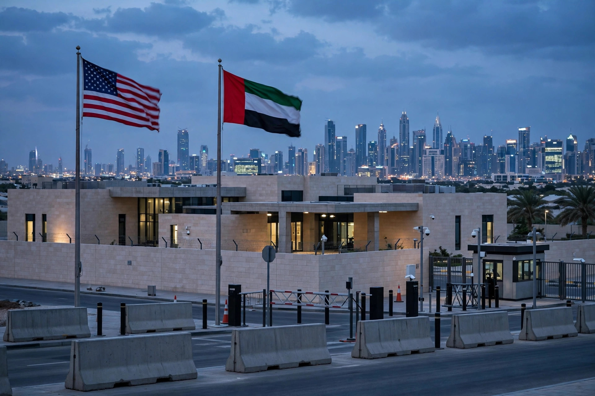 United States embassy compound at dusk with the American and UAE flags flying, Dubai skyline behind