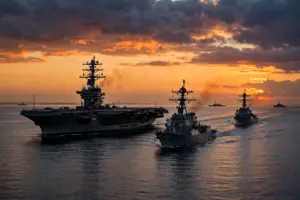 US Navy aircraft carrier strike group sailing through the Persian Gulf at dusk
