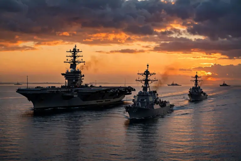 US Navy aircraft carrier strike group sailing through the Persian Gulf at dusk