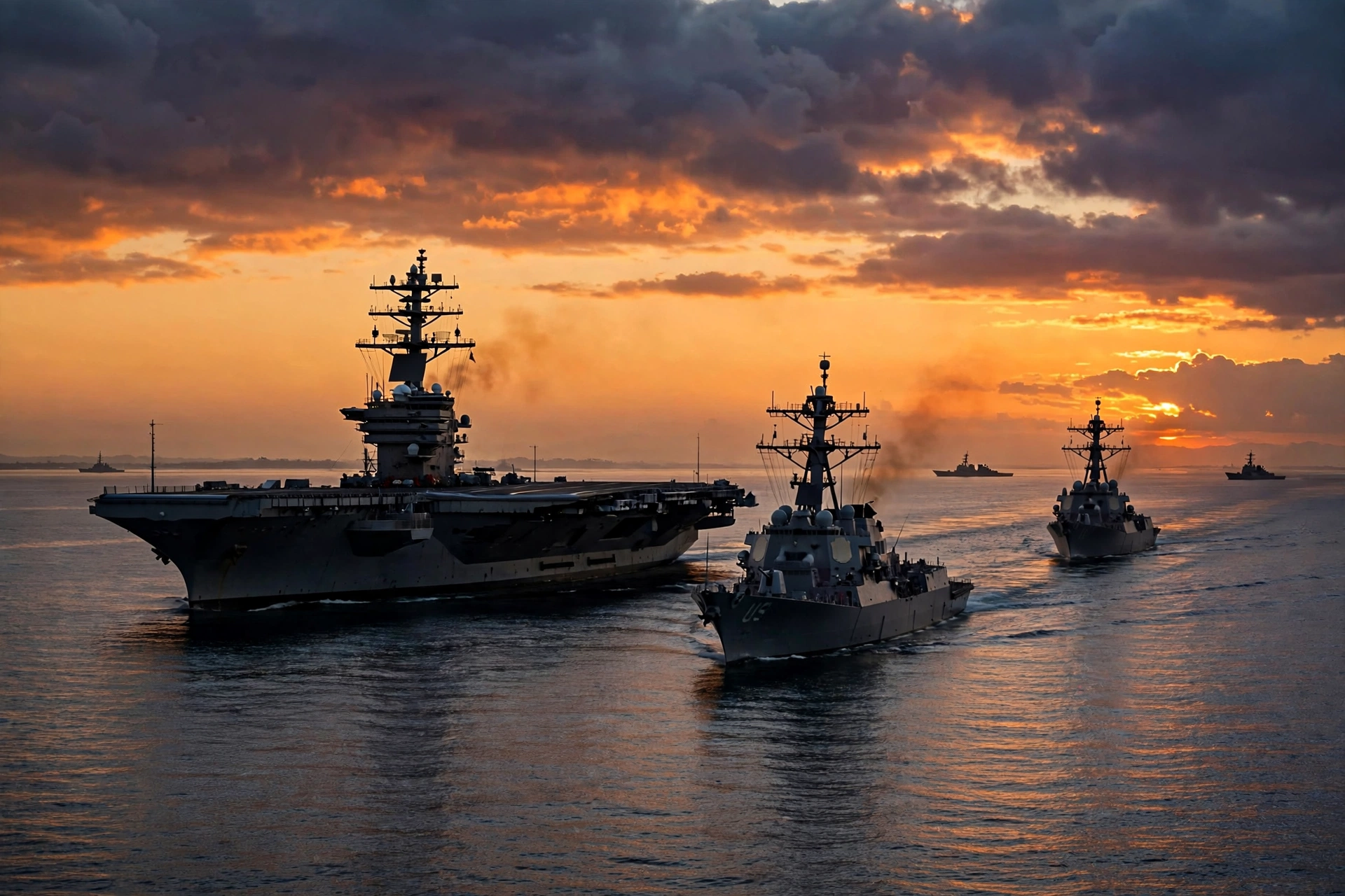 US Navy aircraft carrier strike group sailing through the Persian Gulf at dusk