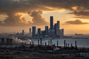 Riyadh financial district skyline at dusk with oil refinery silhouettes and a supertanker, symbolizing the World Bank's forecast of a Middle East economic contraction in 2026