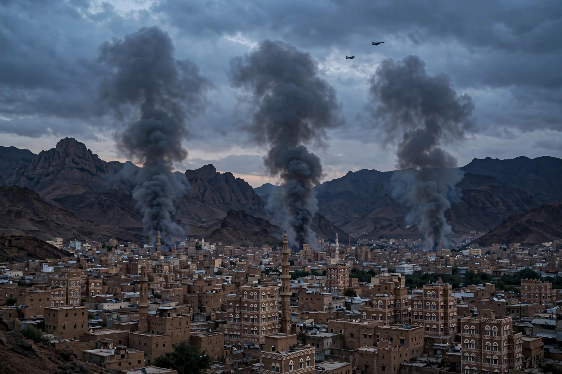 Smoke rises over Sanaa, Yemen, as government forces say they struck Houthi targets across the country