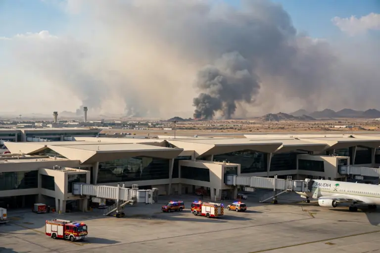 Smoke rising over King Khalid International Airport in Riyadh during a daytime Houthi missile attack on Saudi Arabia, October 2026