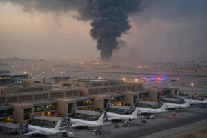Smoke rising over parked passenger jets at Riyadh's King Khalid International Airport at dusk during flight cancellations