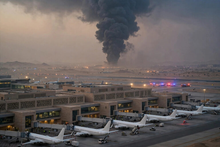 Smoke rising over parked passenger jets at Riyadh's King Khalid International Airport at dusk during flight cancellations