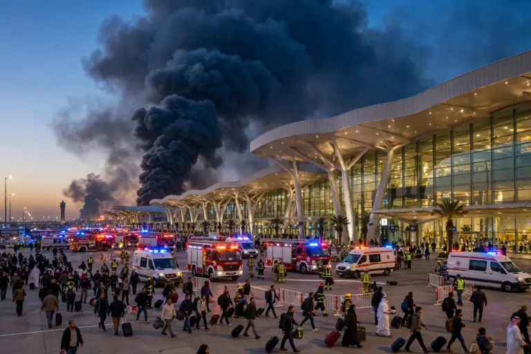 Emergency crews and evacuated passengers at Riyadh's King Khalid International Airport as dark smoke rises following claimed Houthi missile strikes, October 9, 2026.
