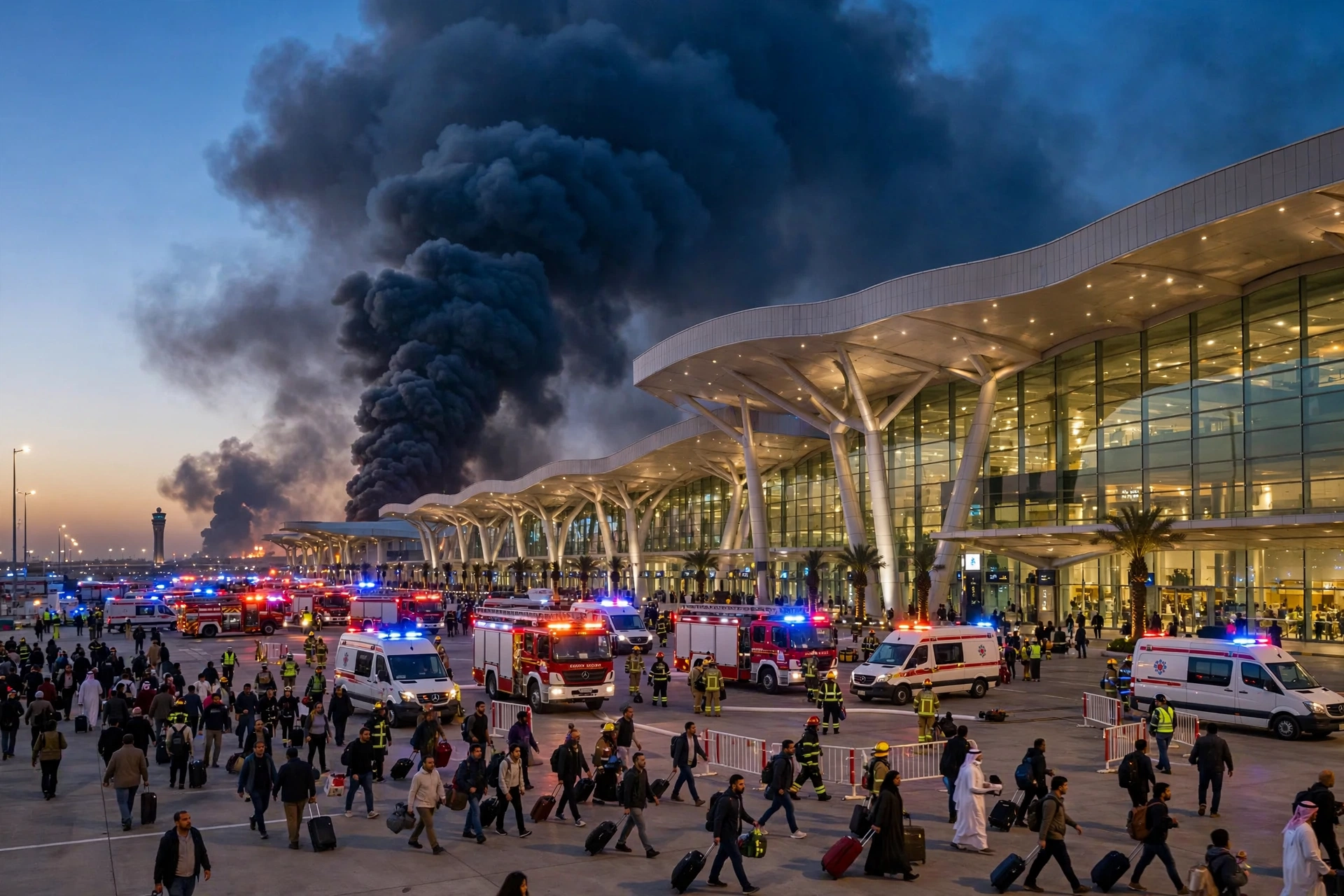 Emergency crews and evacuated passengers at Riyadh's King Khalid International Airport as dark smoke rises following claimed Houthi missile strikes, October 9, 2026.
