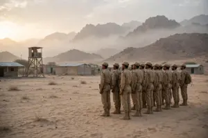 Young Yemeni soldiers standing in formation at a military training camp in Yemen's Shabwa province