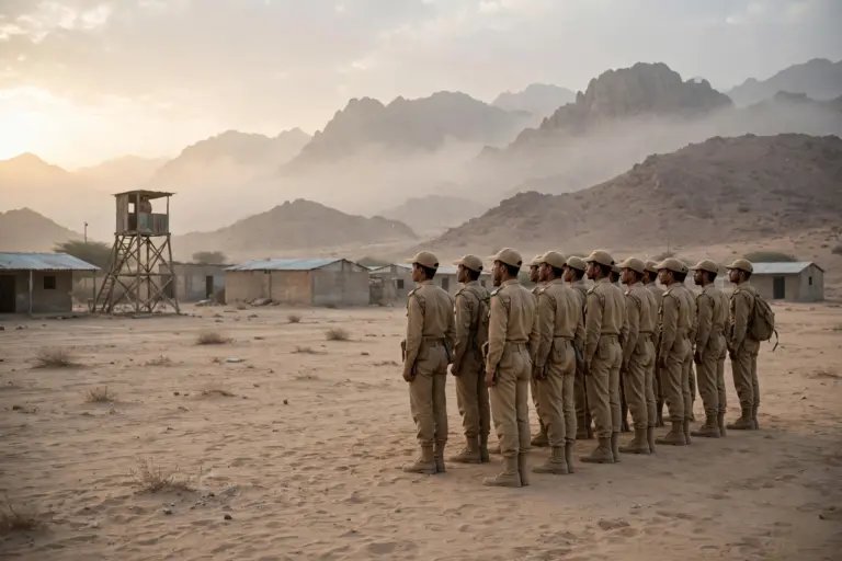 Young Yemeni soldiers standing in formation at a military training camp in Yemen's Shabwa province