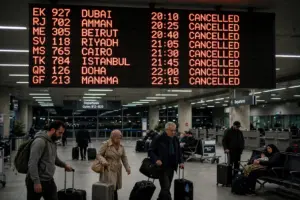 Travelers in an airport departure hall beneath a flight information board showing rows of cancelled flights, as Houthi attacks trigger mass flight cancellations across Saudi Arabia.