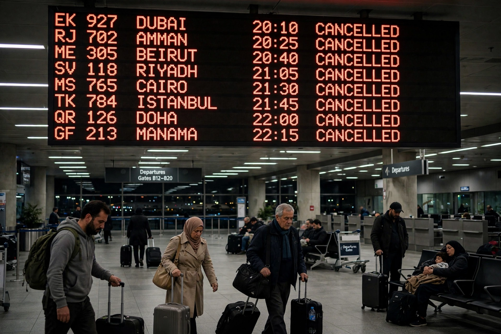 Travelers in an airport departure hall beneath a flight information board showing rows of cancelled flights, as Houthi attacks trigger mass flight cancellations across Saudi Arabia.