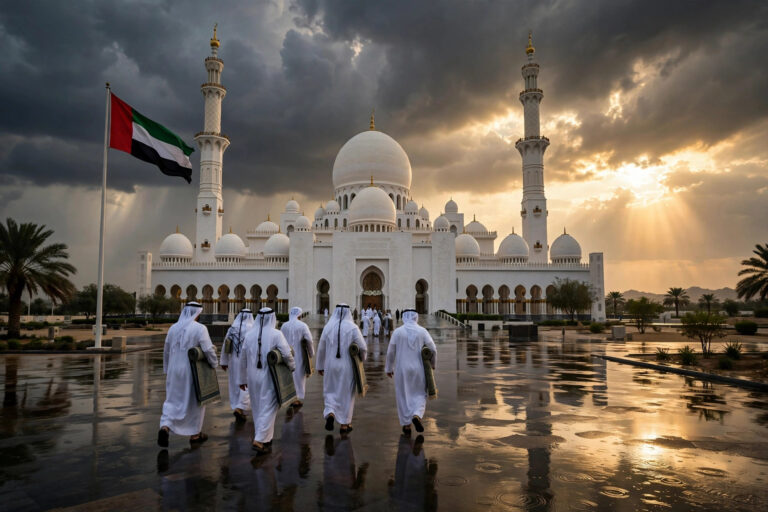 UAE mosque at sunrise with worshippers gathering for Friday prayer