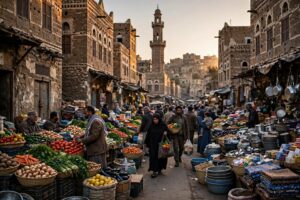 Busy outdoor market street in a Yemeni city with shoppers and vendors' stalls
