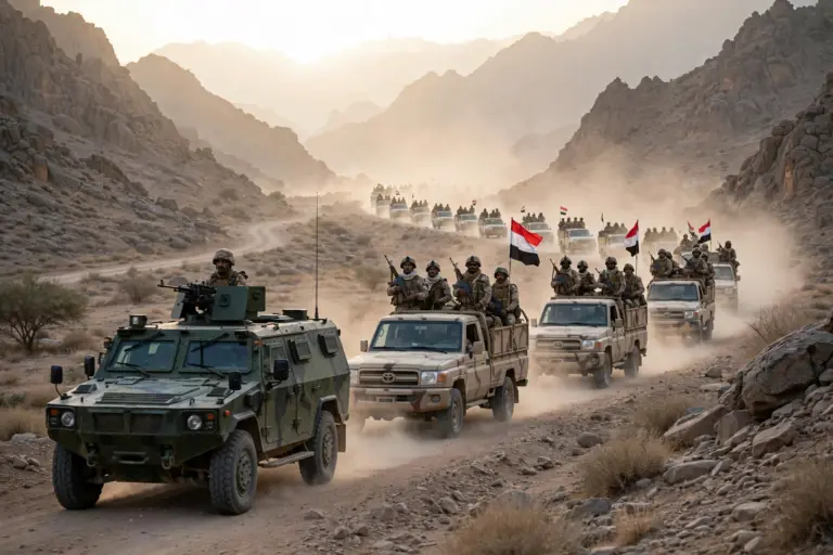 Convoy of Yemeni government military vehicles advancing through a desert mountain pass at dawn as part of the new offensive against Houthi forces